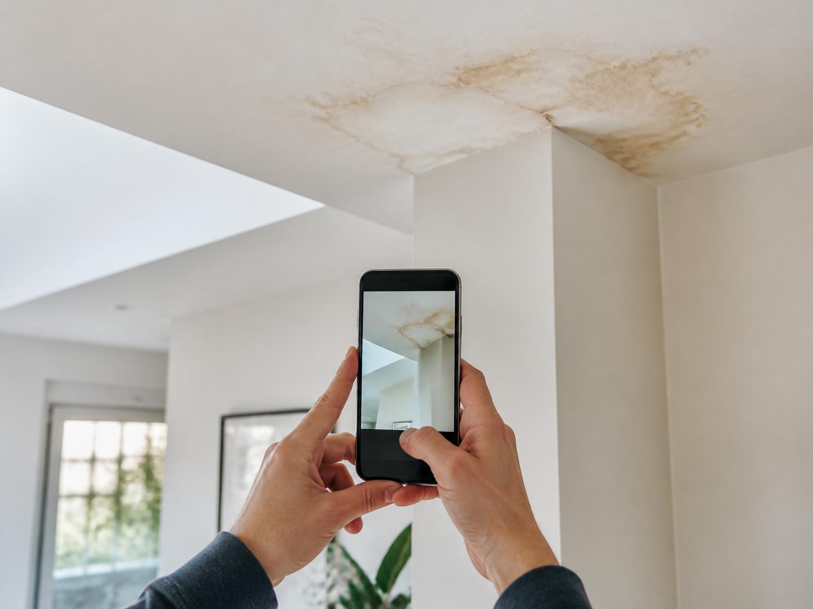 A homeowner photographing a water-stained ceiling with a smartphone