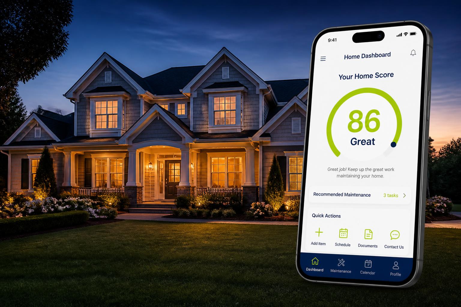 A beautifully lit home at dusk with the Neighborify app showing a Home Score of 86