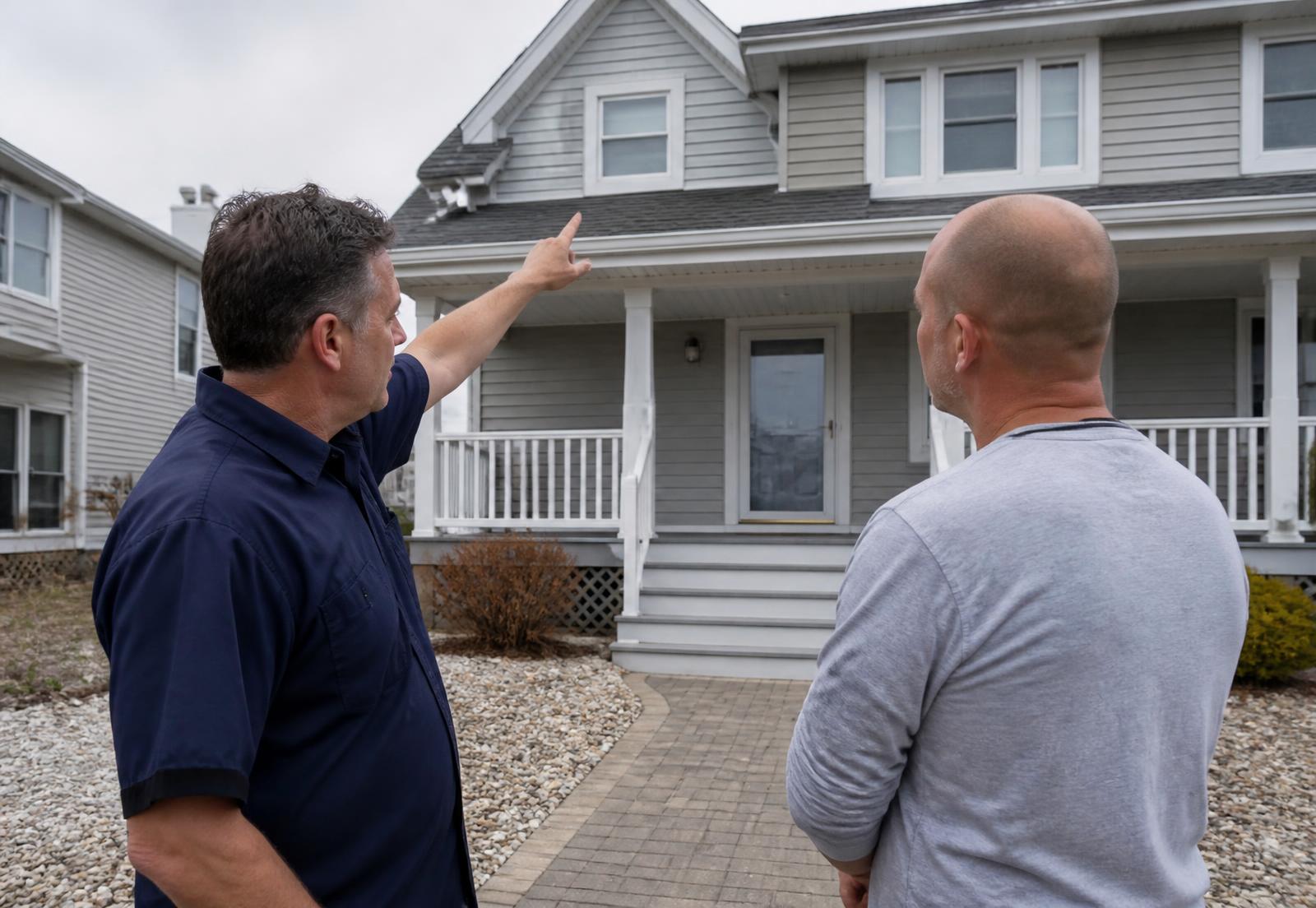 A home professional pointing out a roofline issue to a homeowner in front of a New Jersey home