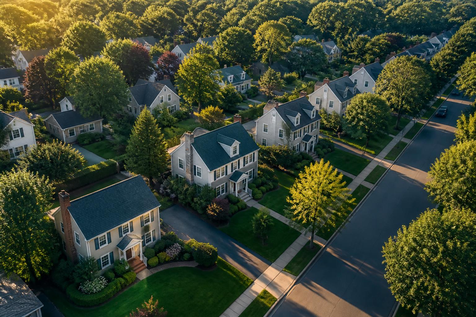 Aerial view of a charming suburban neighborhood